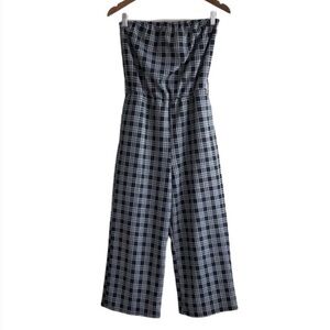 Ripe Plaid Checkered Strapless Crop Ankle Wide Leg Jumpsuit Romper Grey